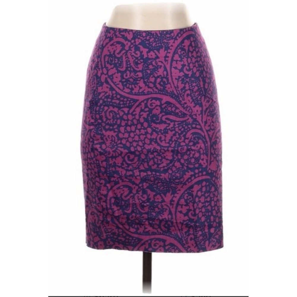Ann Taylor Petite Linen Size 2 Pink Blue Paisley Print Pencil Skirt Stretch New